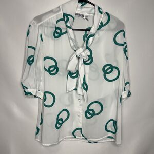 Vintage Loubella Green Circle 1/2 Sleeve Career Dressy Top Shirt Blouse Tie 12